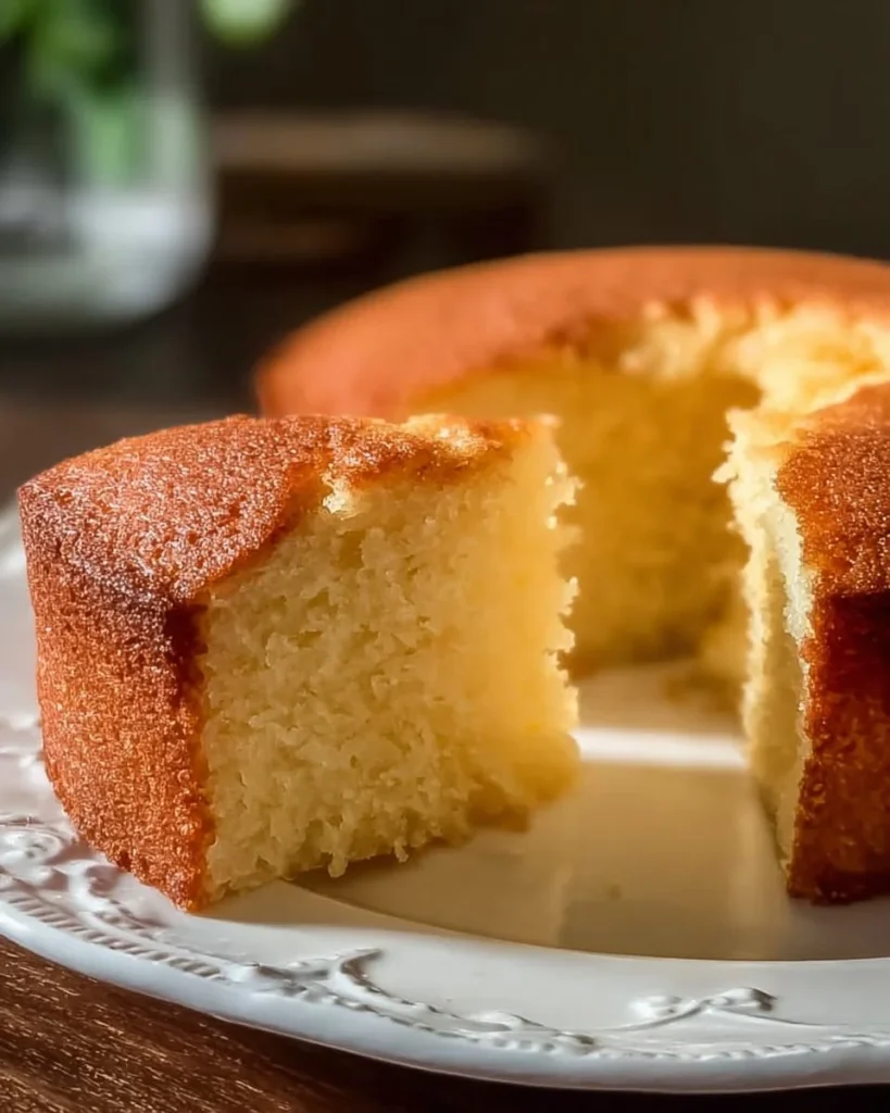 Slice of moist butter cake with creamy frosting on a plate