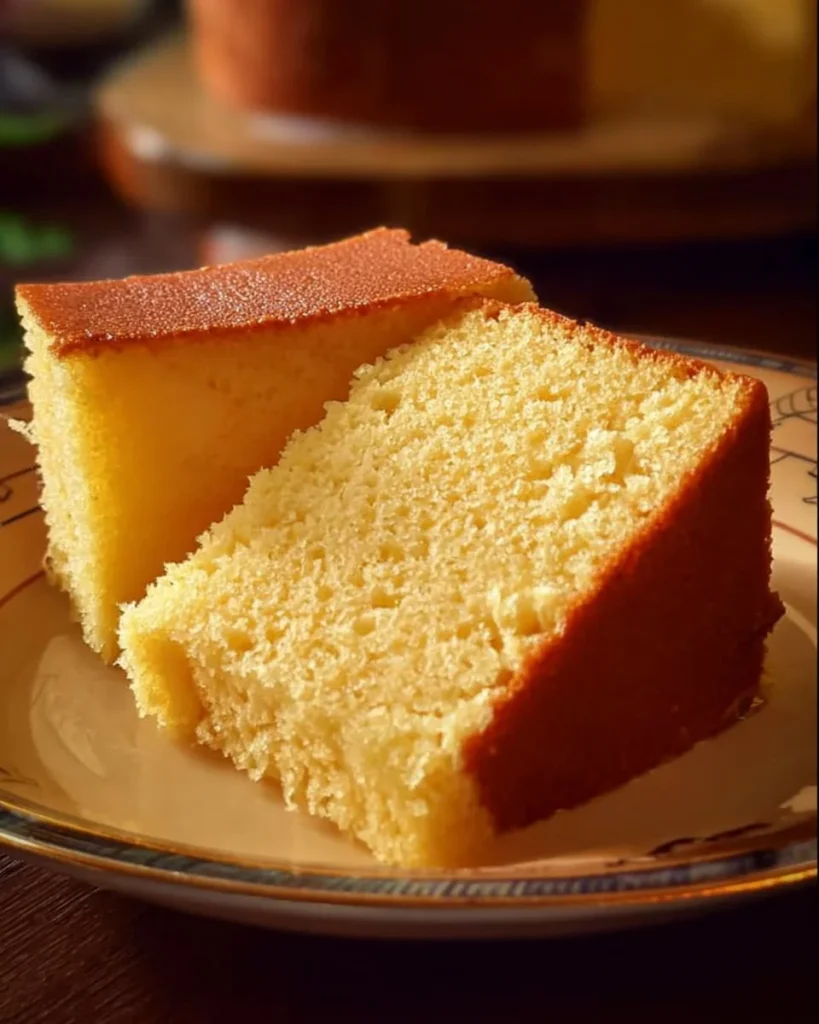 Delicious slice of moist butter cake on a plate with a fork