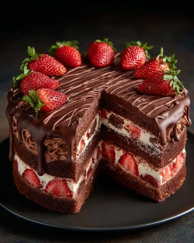 Moist chocolate cake with strawberries and condensed milk topping