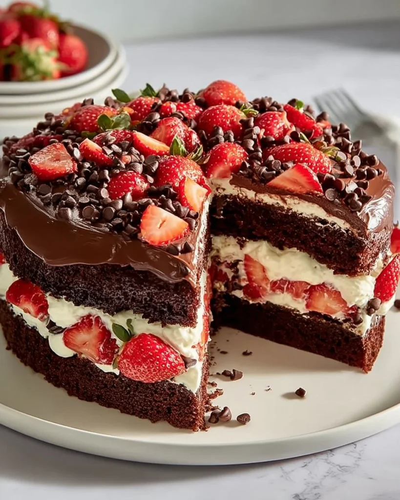 Moist chocolate cake with strawberry filling, a delicious dessert option.