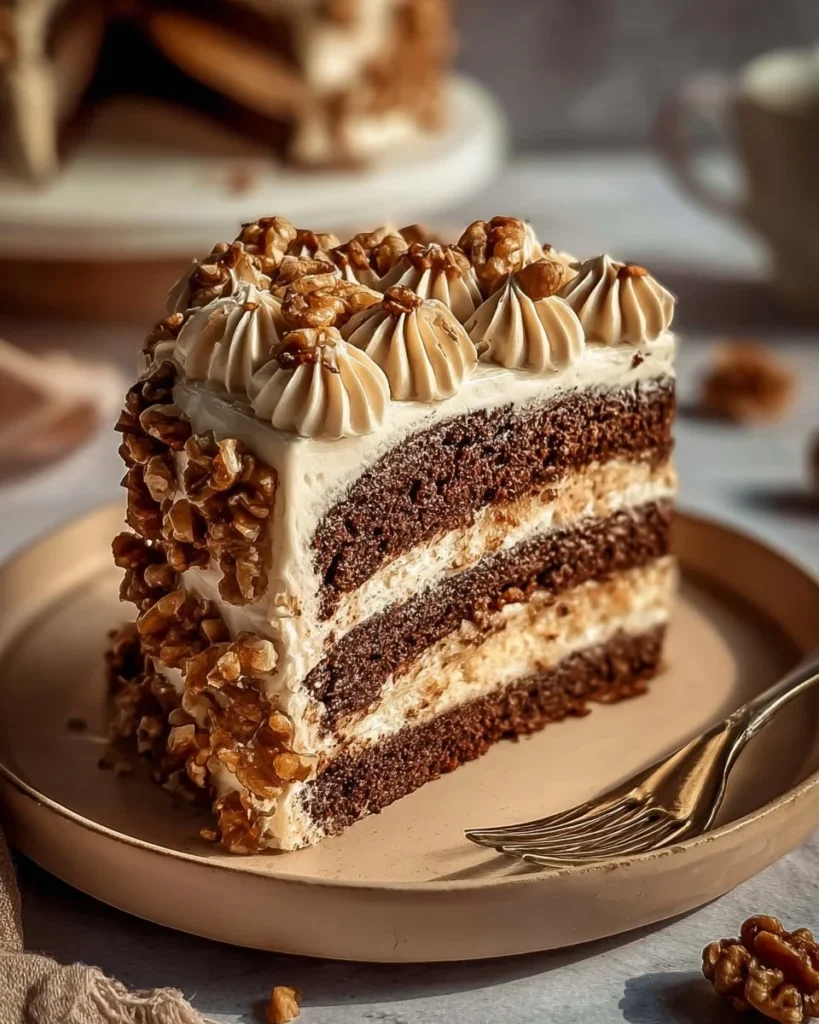 Moist coffee cake with white chocolate ganache and candied walnuts