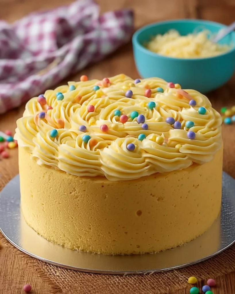 Moist vanilla cake topped with frosting on a white plate