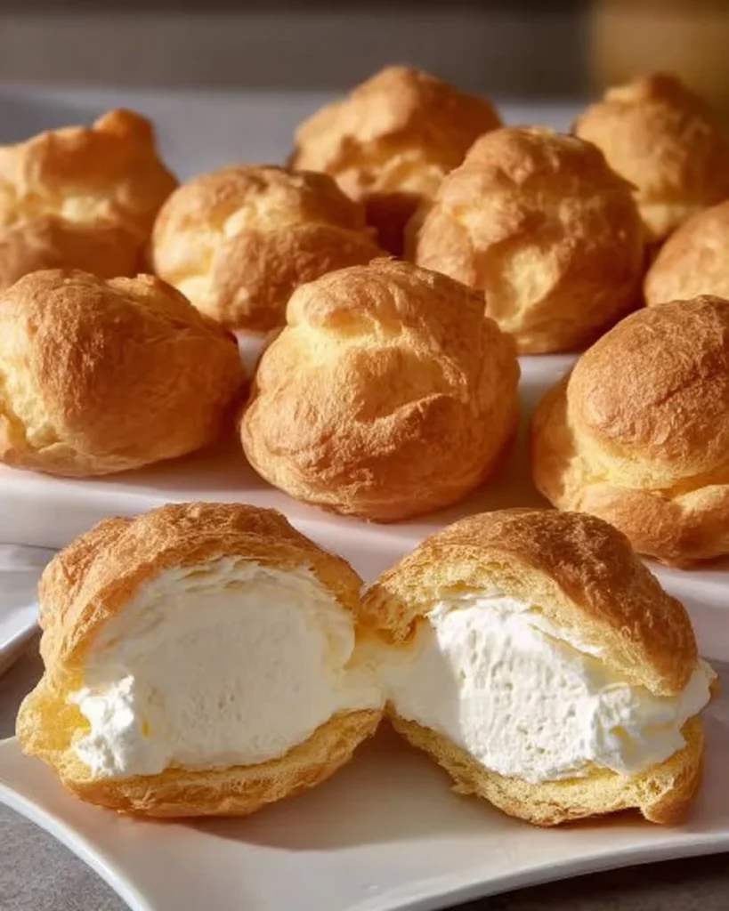 Mom's famous cream puffs filled with rich cream and topped with powdered sugar