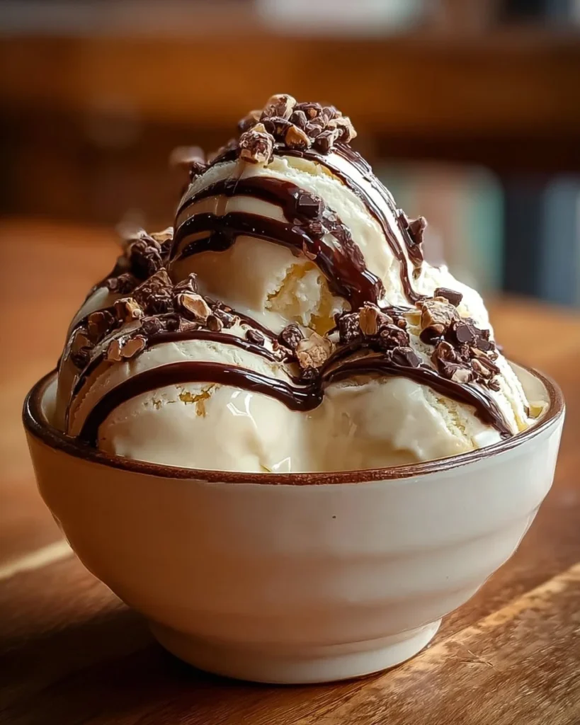 A delicious bowl of Moose Tracks ice cream with chocolate fudge and peanut butter cups.