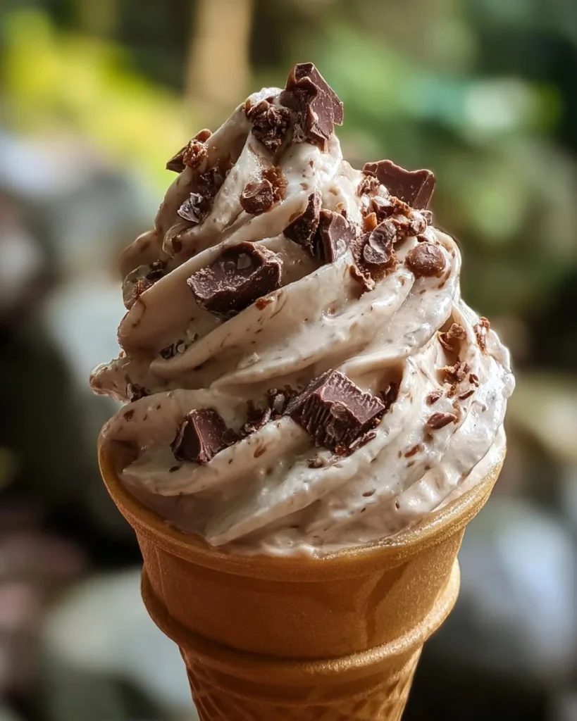 Moose Tracks Ice Cream topped with peanut butter cups and fudge sauce