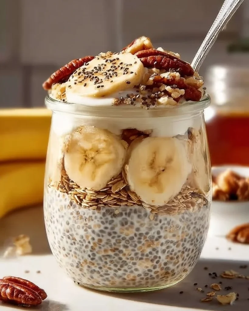 Bowl of Morning Glow Overnight Oats topped with fresh fruits and nuts
