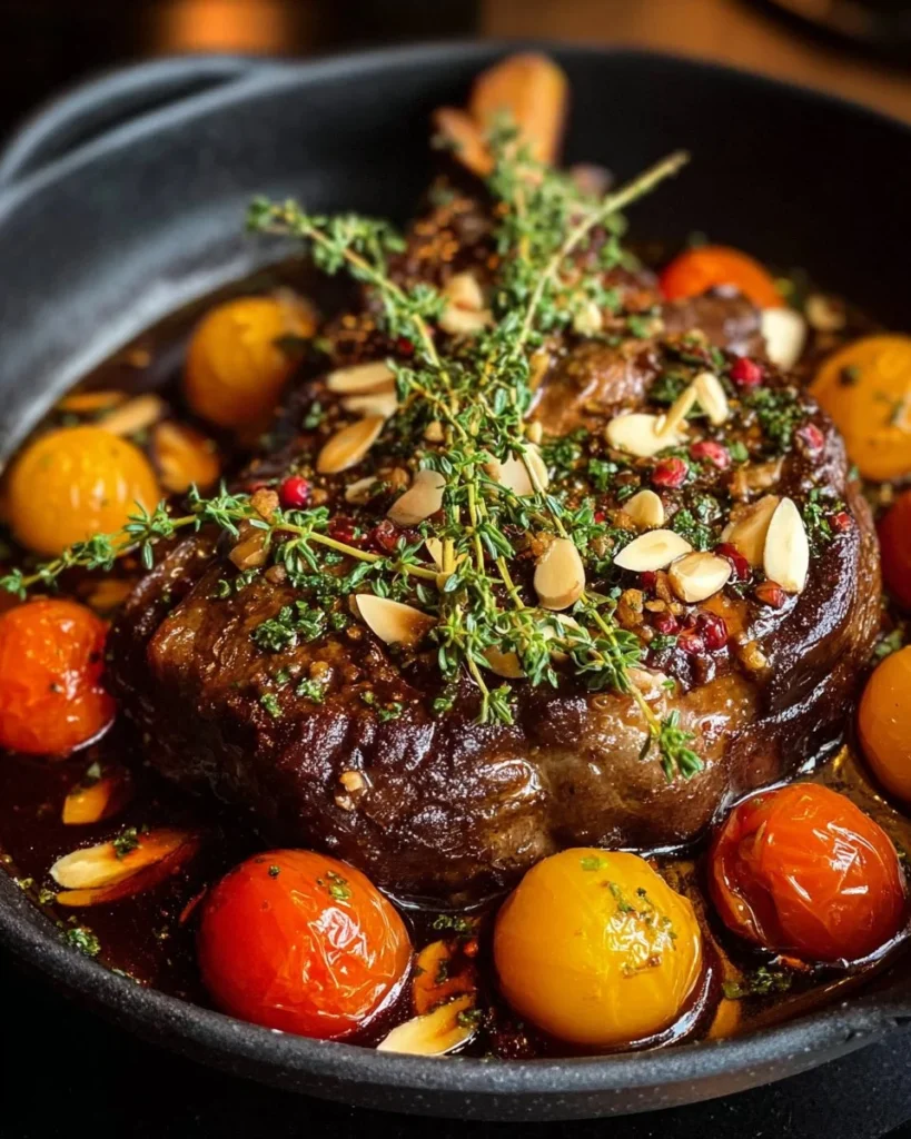 Moroccan braised lamb shoulder with apricots and almonds on a serving plate.