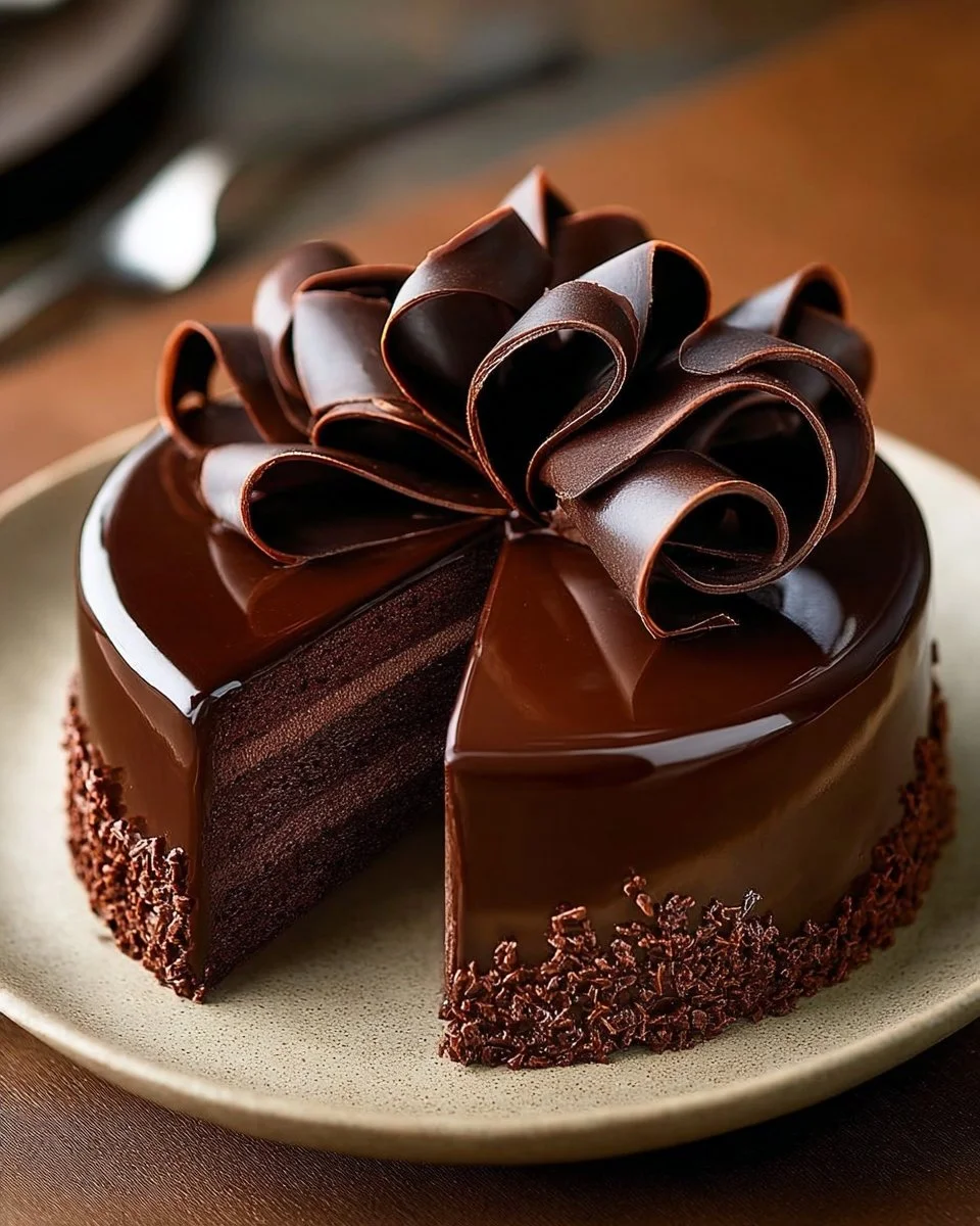 Decadent chocolate mousse cake with rich layers of chocolate and cream.
