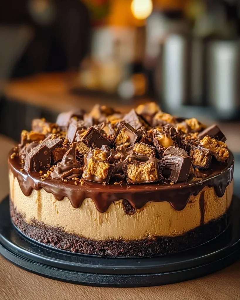 Delicious Reese's cheesecake topped with peanut butter cups on a white plate