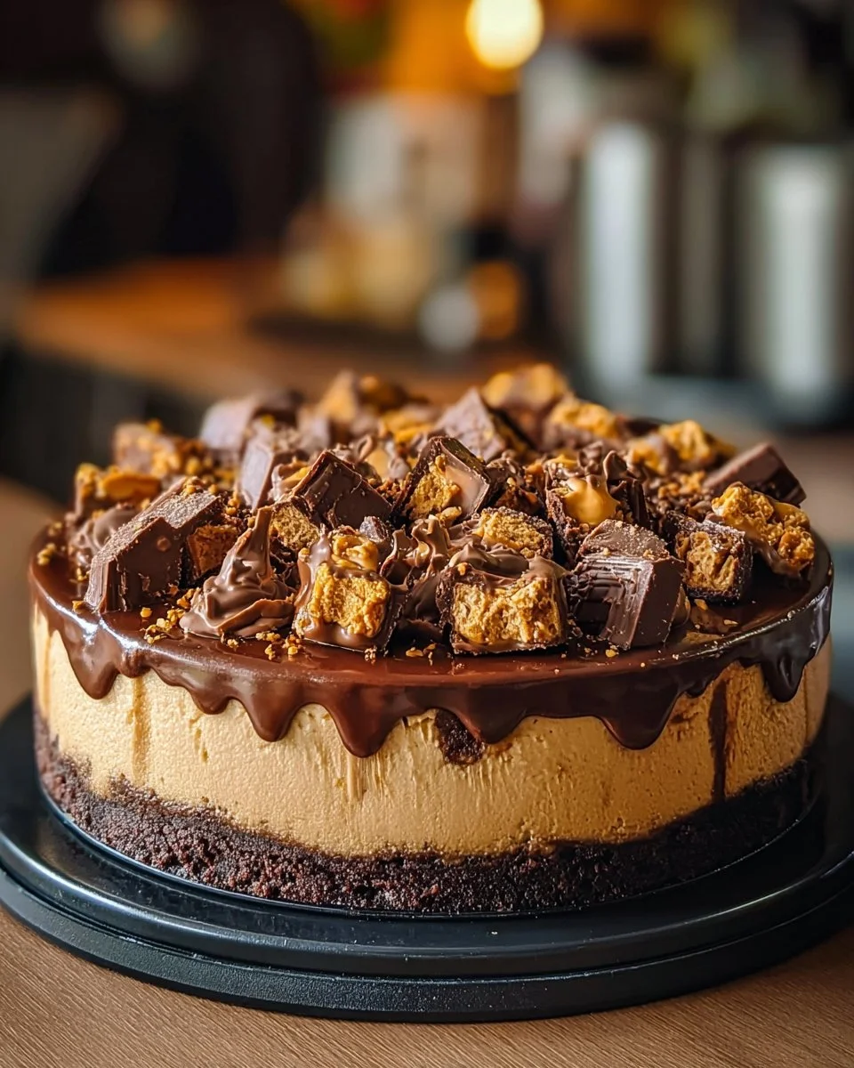 Delicious Reese's cheesecake topped with peanut butter cups on a white plate