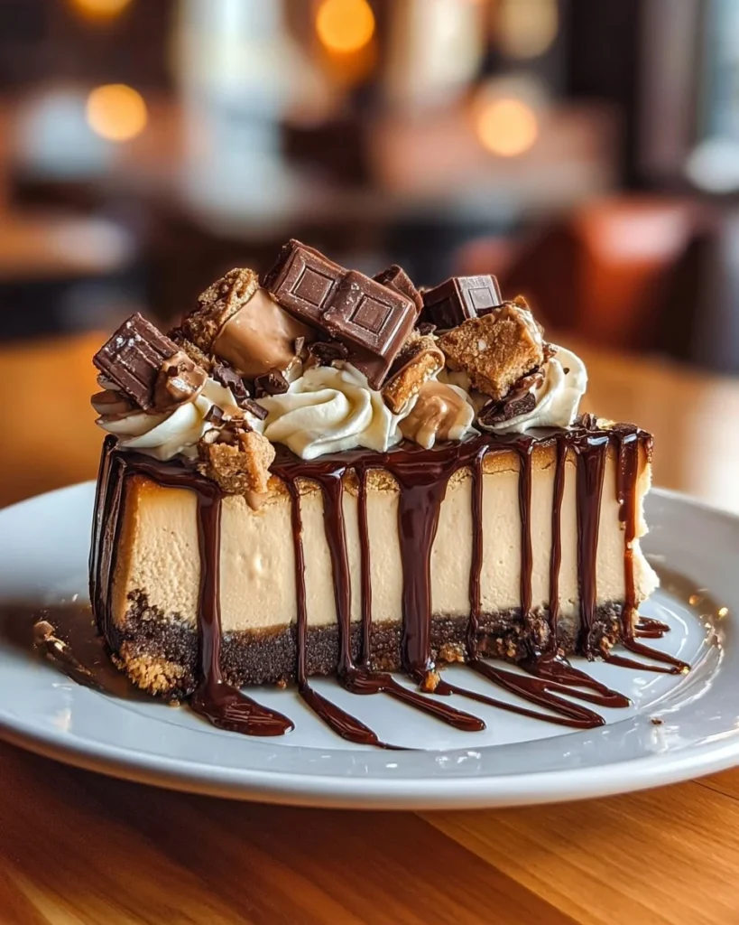 Delicious Reese's cheesecake topped with peanut butter cups and chocolate drizzle.