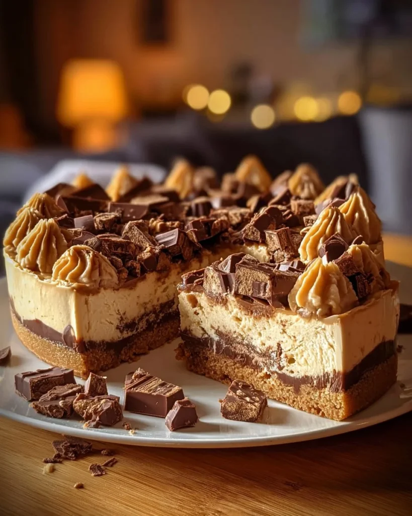 Delicious Reese's Peanut Butter Cup Cheesecake topped with chocolate and peanut butter