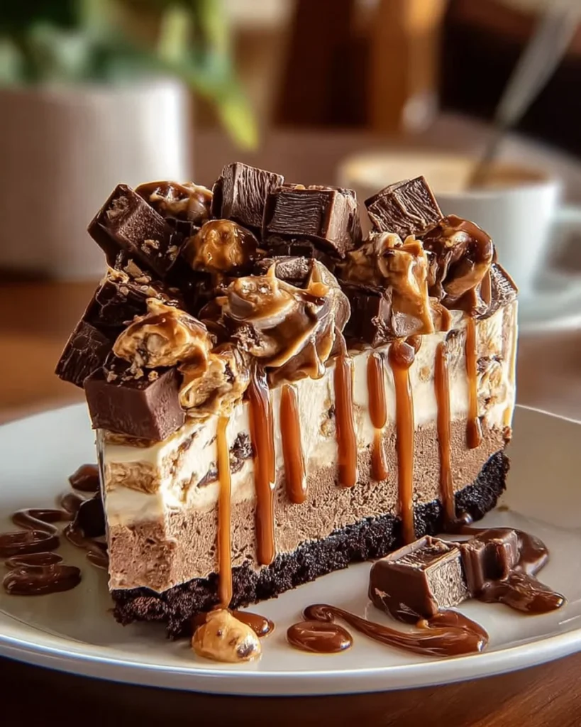 Delicious Reese's Peanut Butter Cup cheesecake topped with chocolate drizzles