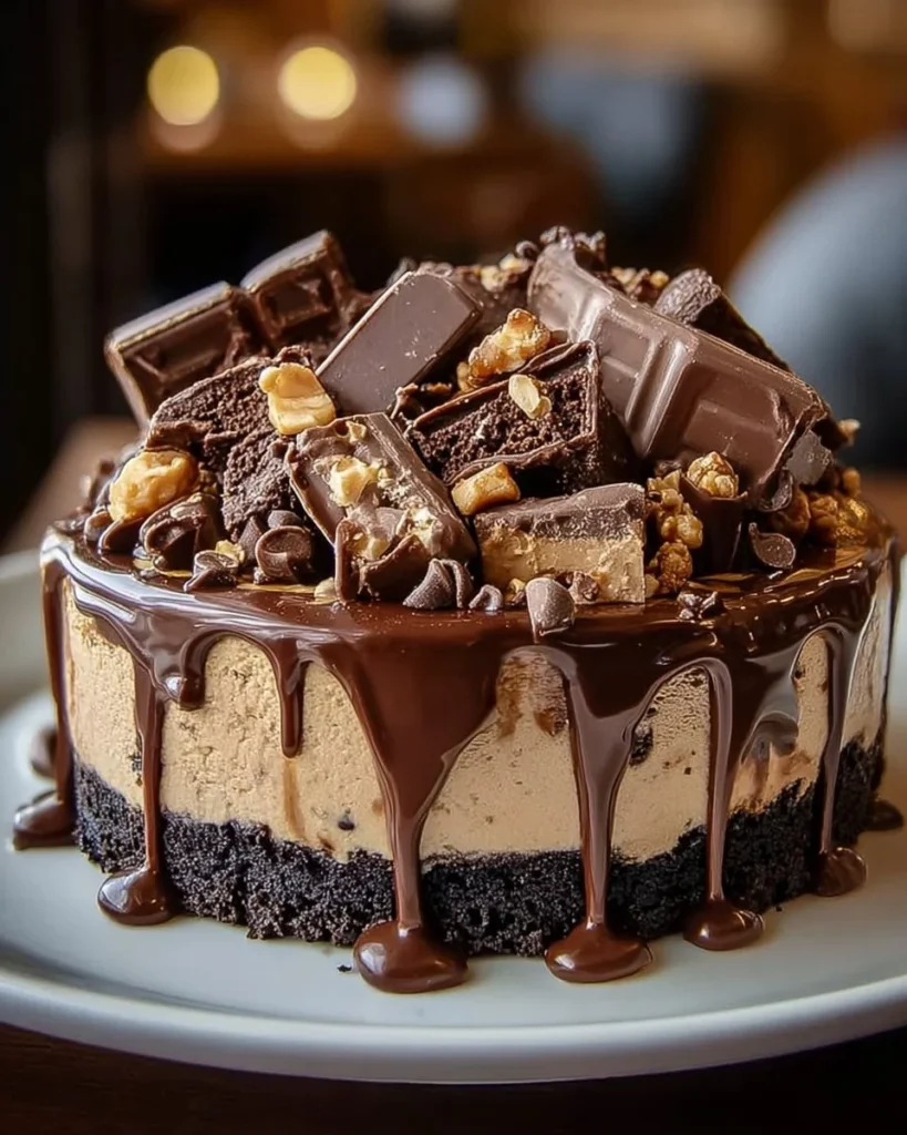 Delicious Reese's Peanut Butter Cup Cheesecake with chocolate and peanut butter sauce