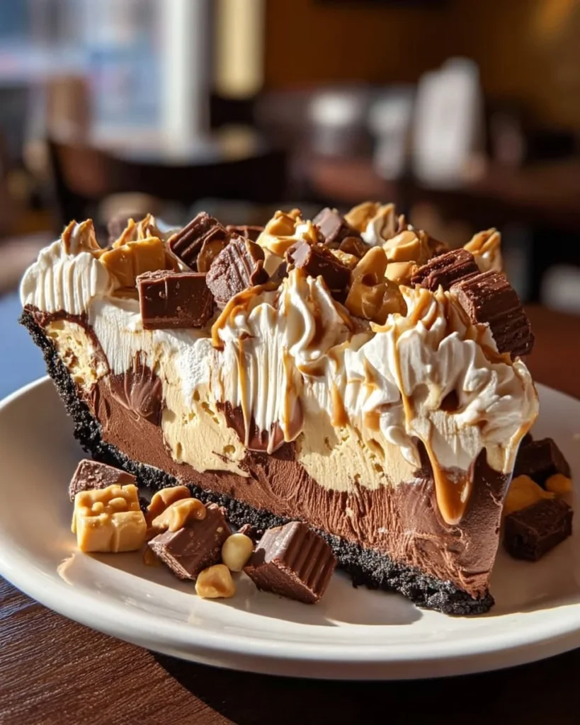 Slice of rich Reese's Peanut Butter Cup Cheesecake topped with chocolate and peanut butter