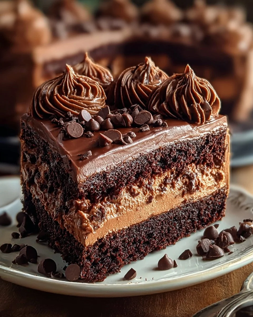 Delicious slice of German Chocolate Poke Cake with coconut and pecans