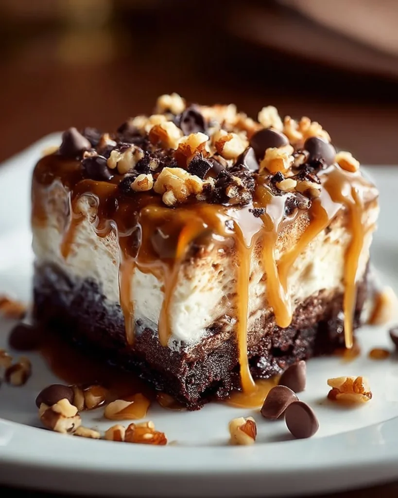 Delicious German Chocolate Poke Cake topped with coconut pecan frosting