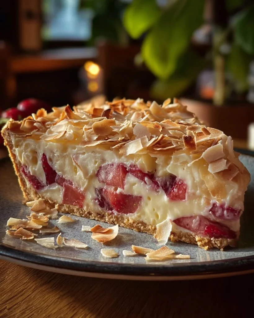 Delicious rhubarb coconut cream pie with a creamy filling and fresh rhubarb topping.