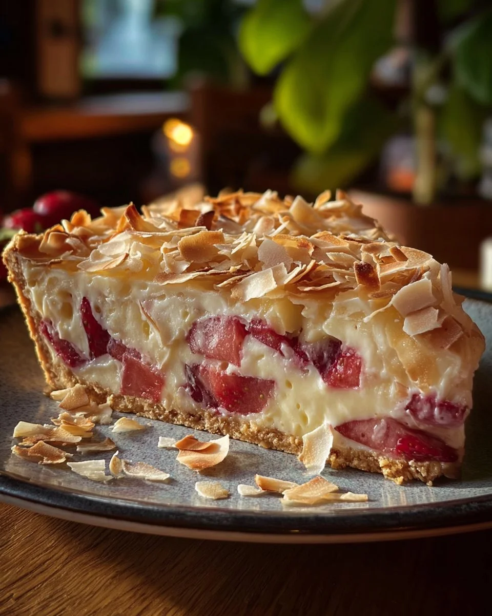 Delicious rhubarb coconut cream pie with a creamy filling and fresh rhubarb topping.