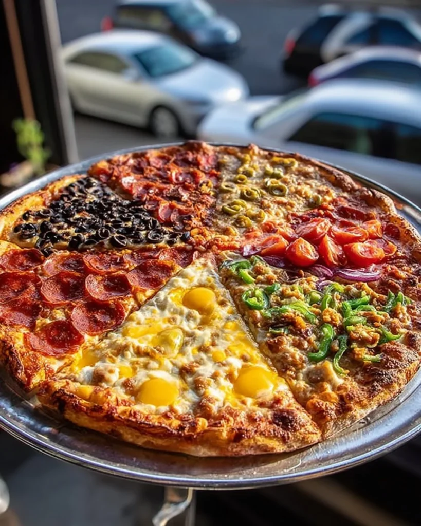 Delicious multi-topping pizza with various toppings like pepperoni, mushrooms, and olives.