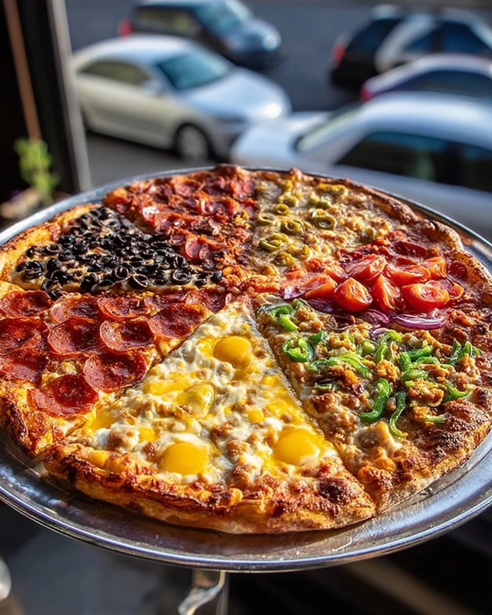 Delicious multi-topping pizza with various toppings like pepperoni, mushrooms, and olives.