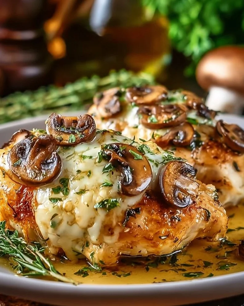 Mushroom and Cheese Stuffed Chicken served in Garlic Butter Sauce