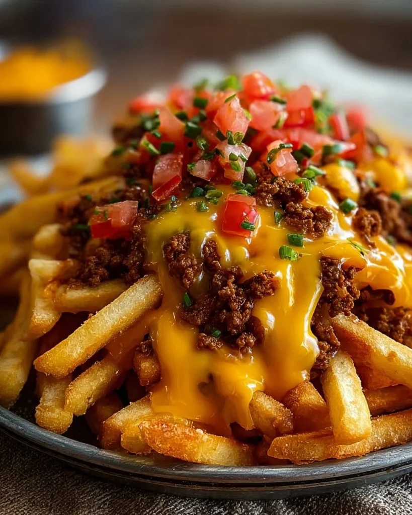 Crispy Nacho Fries topped with cheese and jalapenos served with dipping sauce