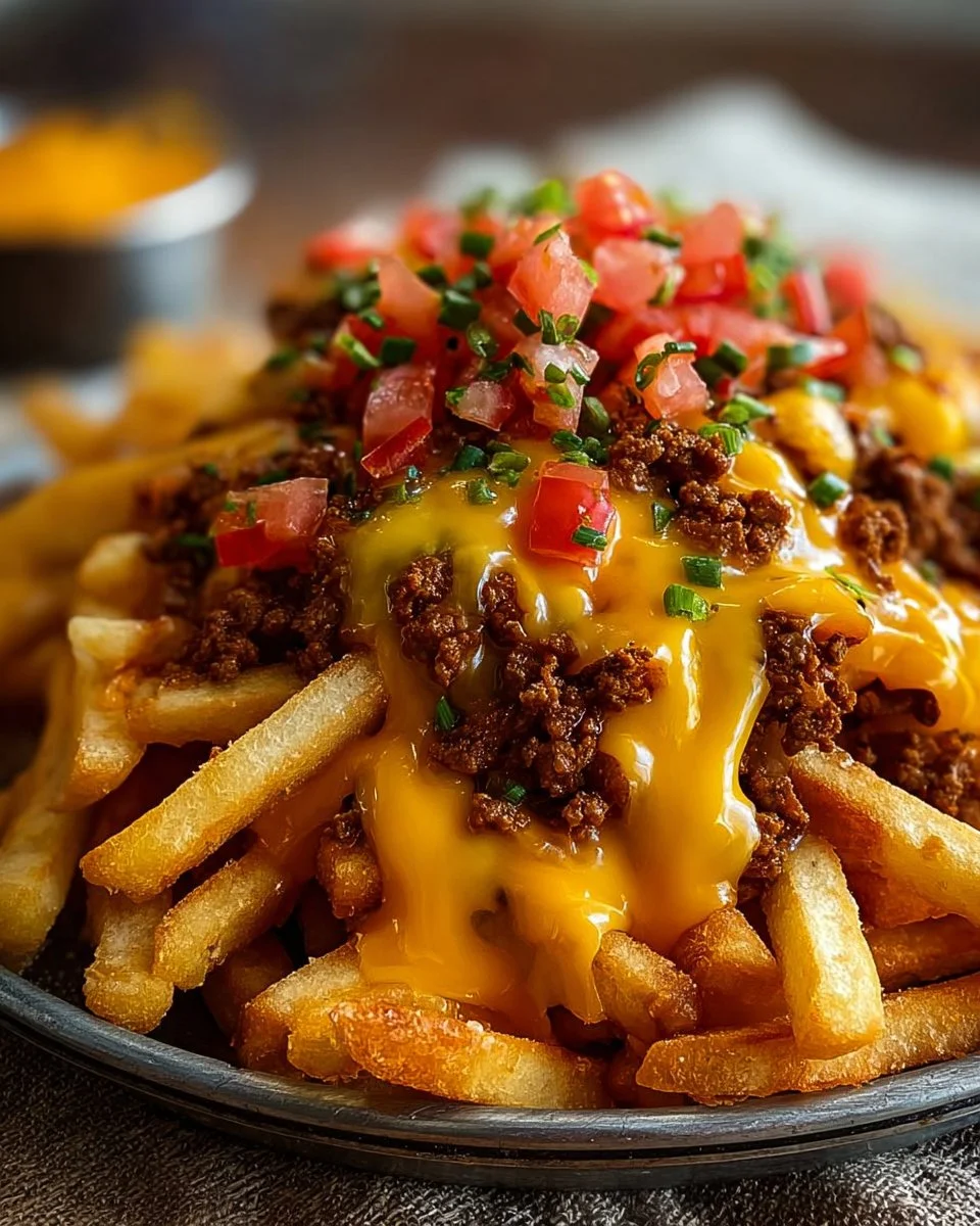 Crispy Nacho Fries topped with cheese and jalapenos served with dipping sauce
