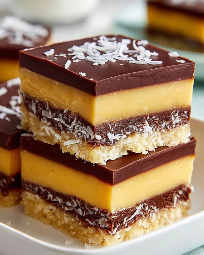 Delicious homemade Nanaimo Bars stacked on a plate.