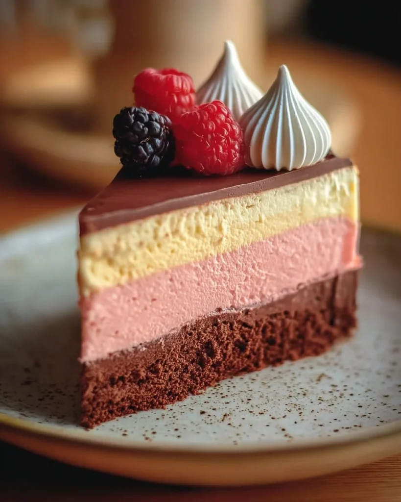 Delicious Neapolitan Cake with layers of chocolate, vanilla, and strawberry