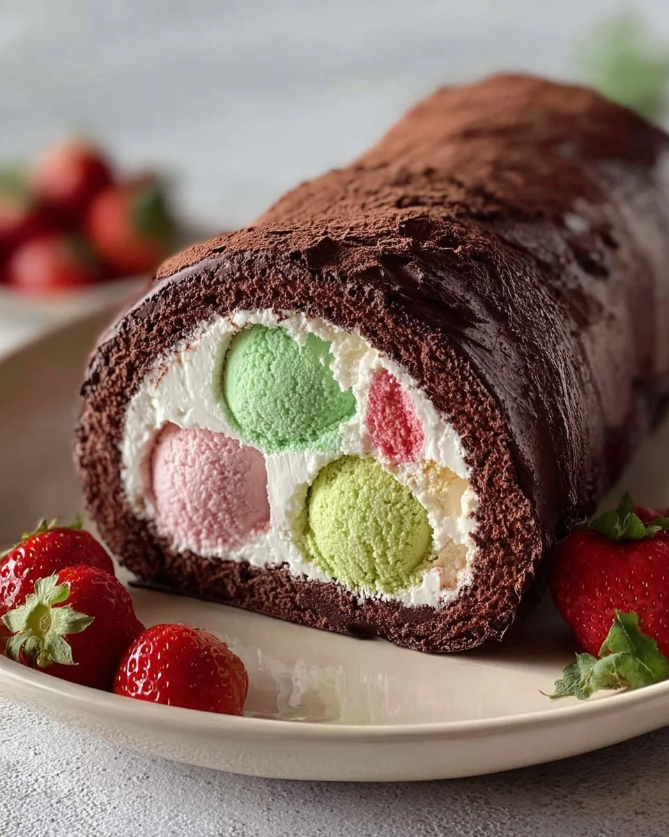 Delicious Neapolitan ice cream cake roll with chocolate, vanilla, and strawberry layers.