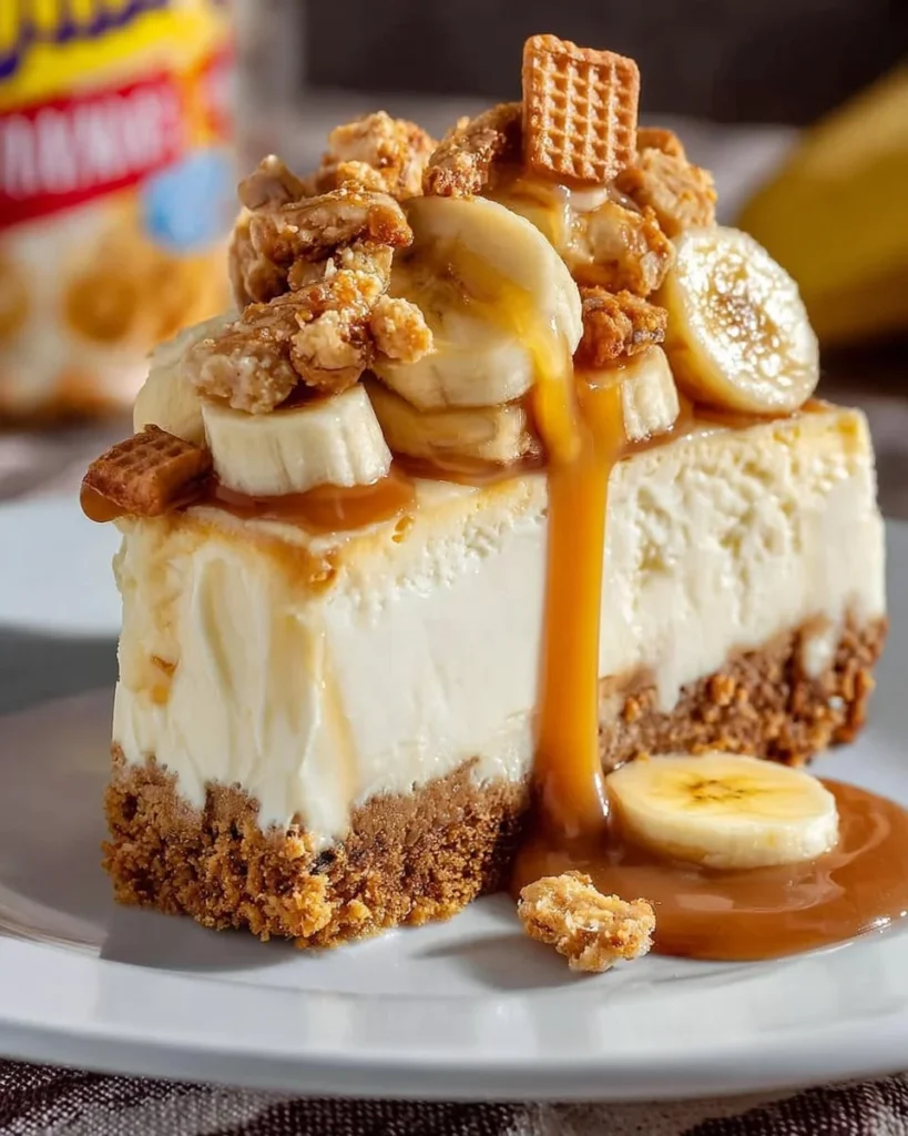 New York Style Banana Pudding Cheesecake with banana slices and whipped cream
