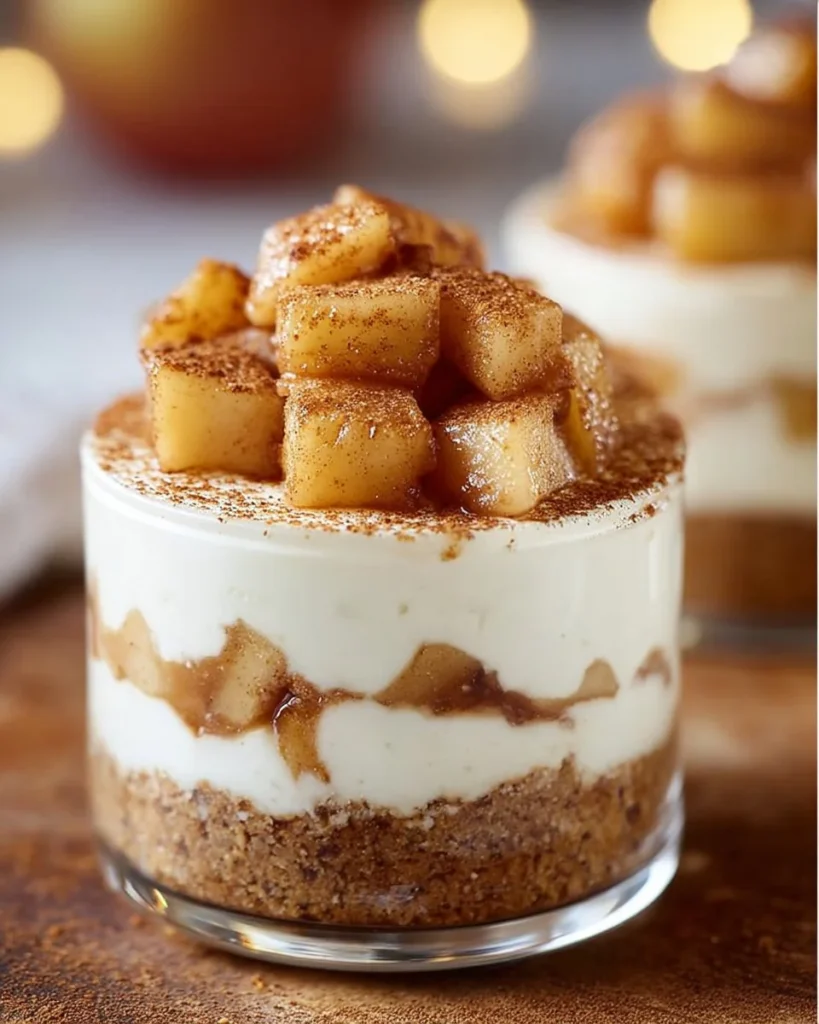 Delicious no-bake apple cinnamon cheesecakes served in dessert cups