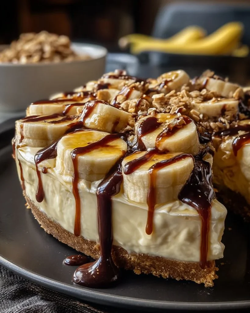 No-Bake Banana Cream Cheesecake topped with banana slices and whipped cream