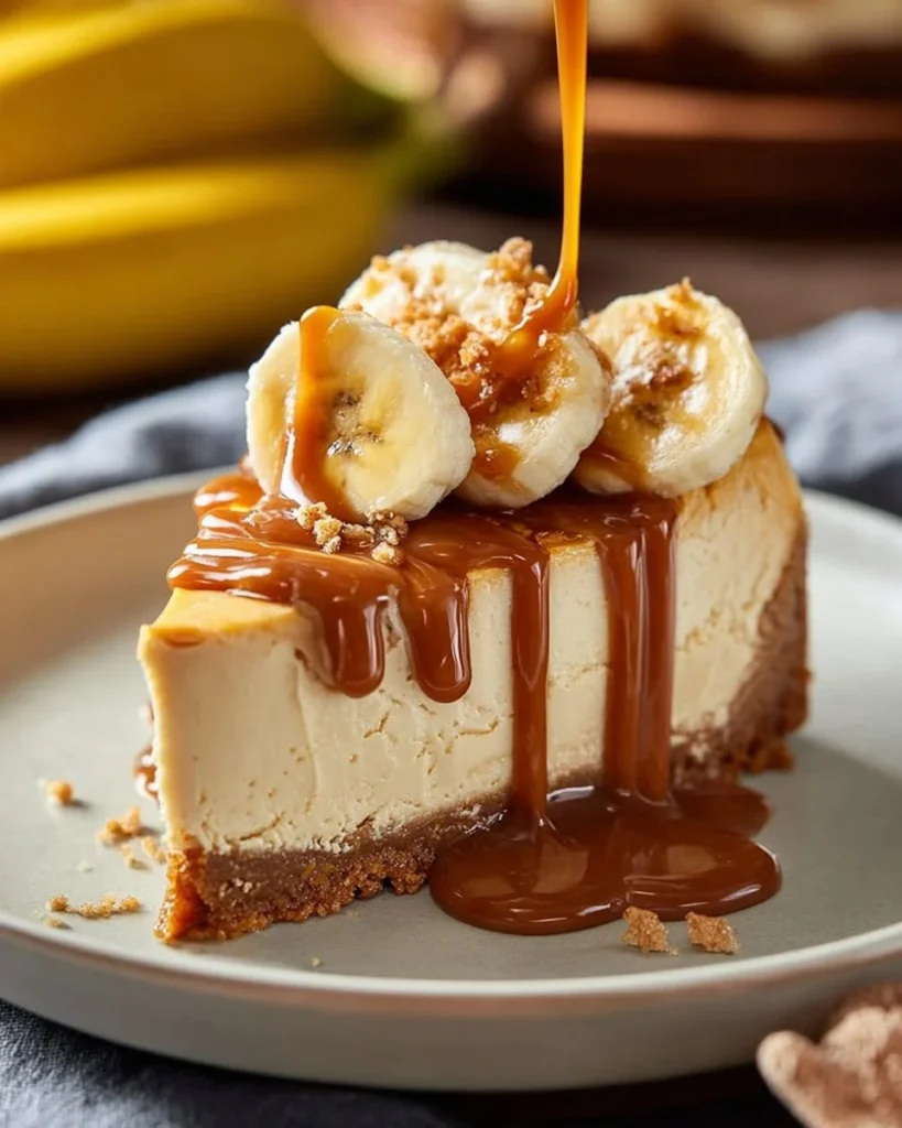 No-Bake Banana Dulce De Leche Mousse Cake topped with banana slices and caramel