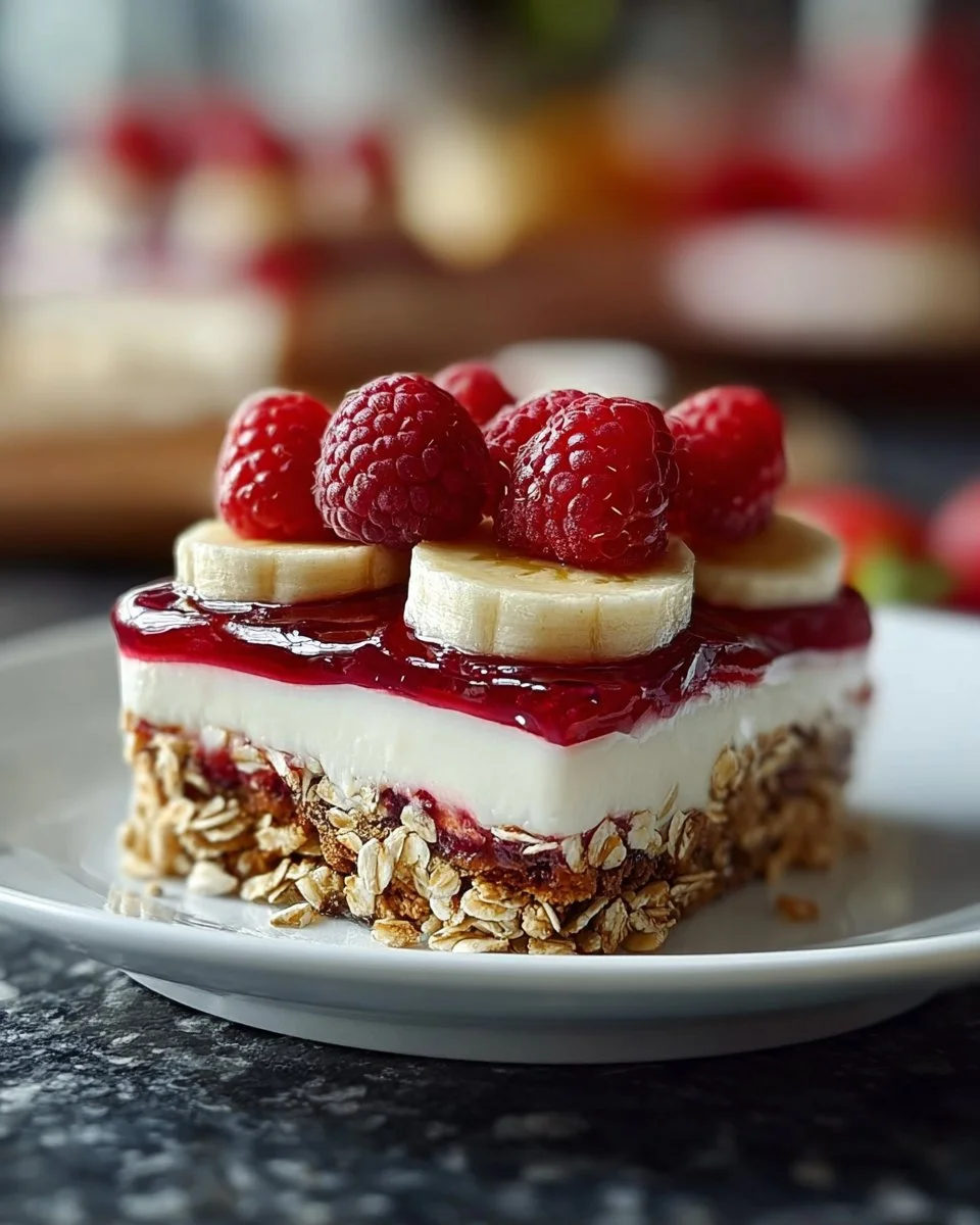 No-bake banana split cake layered with fruits and cream