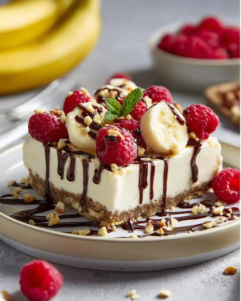 No-Bake Banana Split Cheesecake Bars topped with banana slices and chocolate drizzle