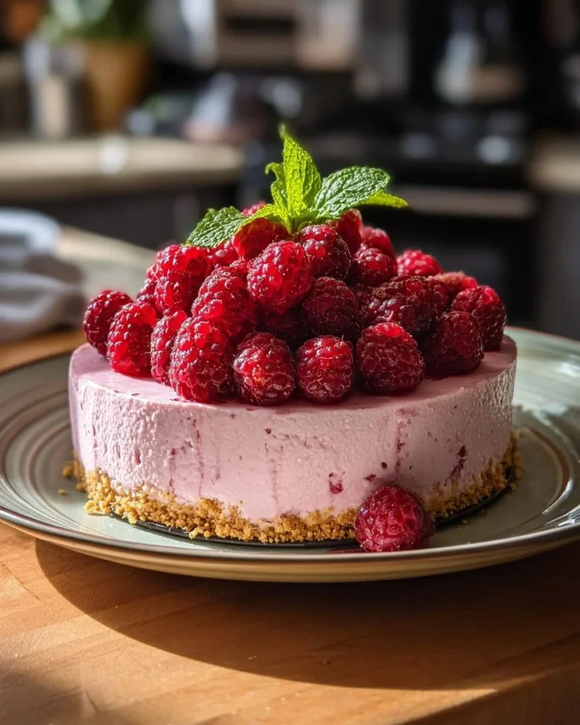 Delicious no-bake berry cheesecake topped with fresh berries
