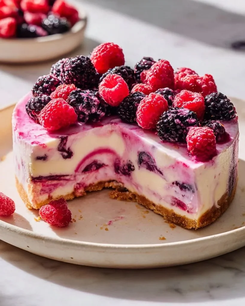 No-bake berry cheesecake topped with fresh berries and mint leaves