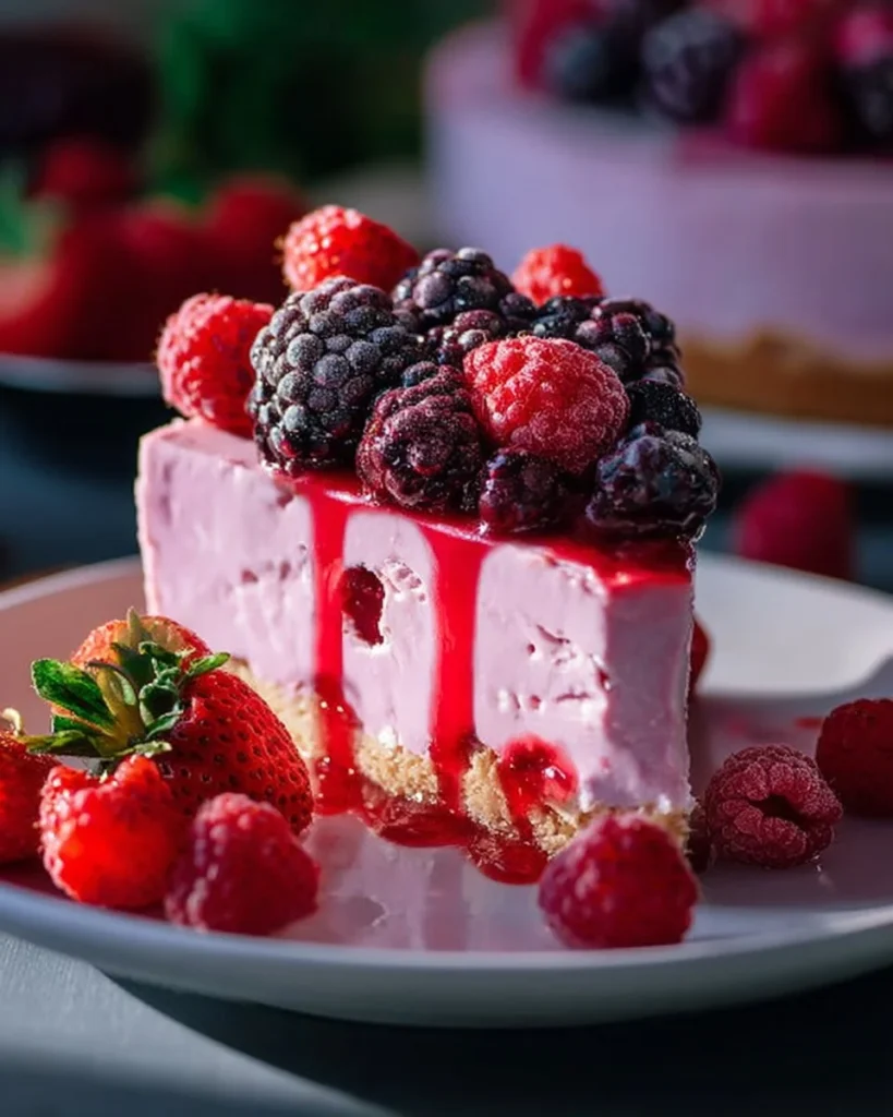 No-Bake Berry Cheesecake topped with fresh berries