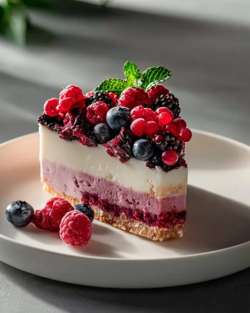 No-bake berry cheesecake topped with fresh berries and whipped cream