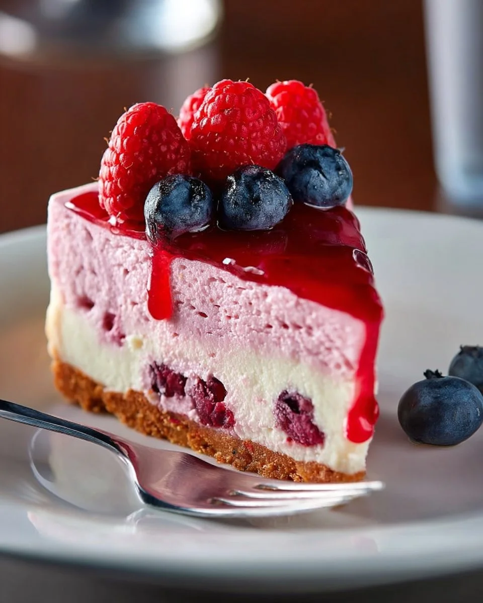 Delicious no-bake berry cheesecake topped with fresh berries