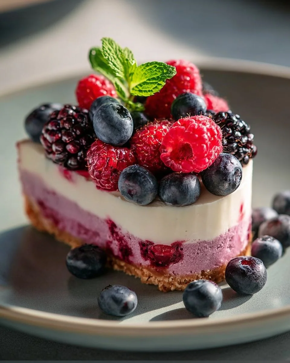 No-Bake Berry Cheesecake topped with fresh berries