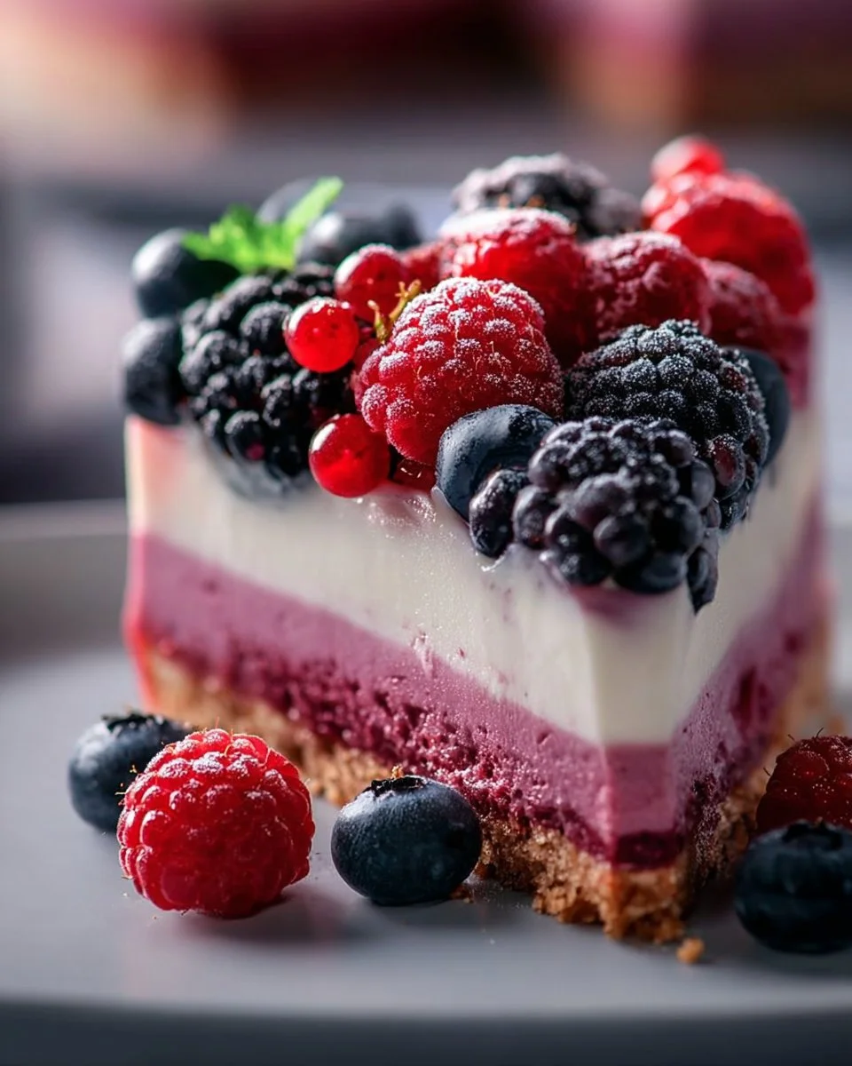 Delicious no-bake berry cheesecake topped with fresh berries