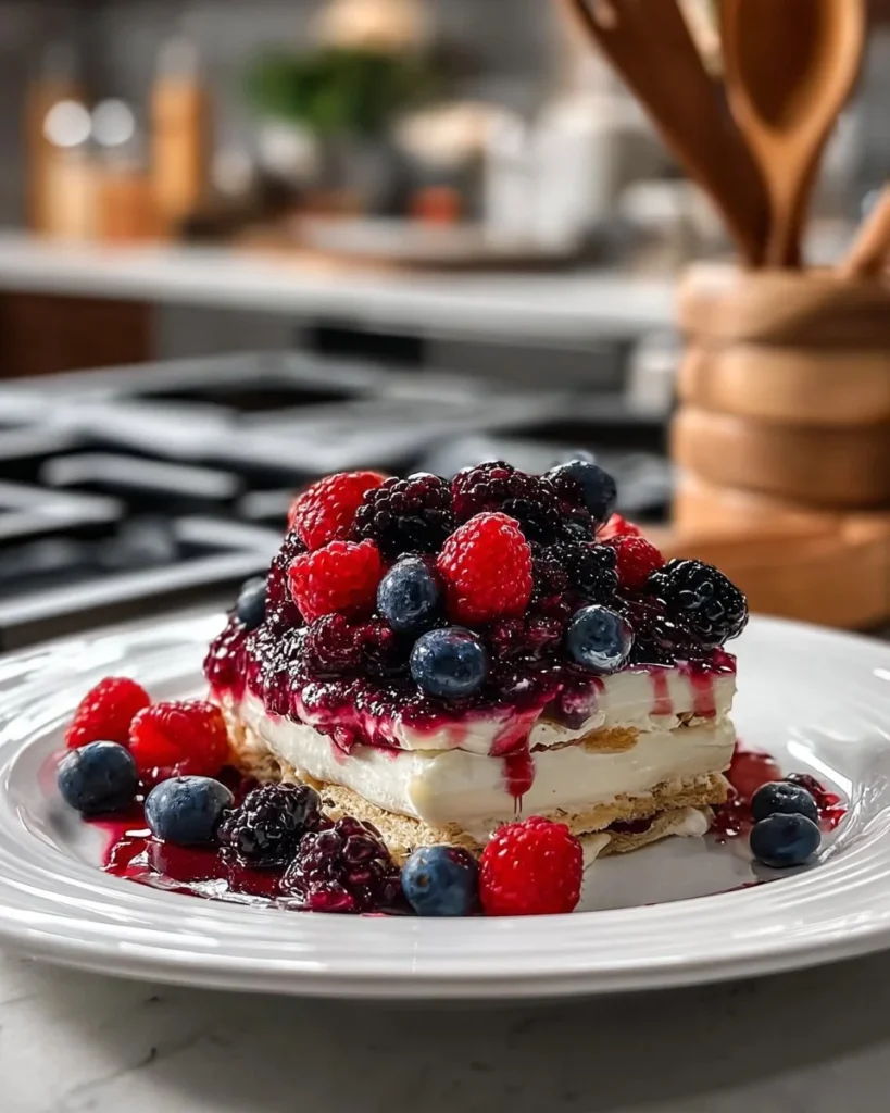 No-Bake Berry Cheesecake Lasagna with fresh berries and creamy layers
