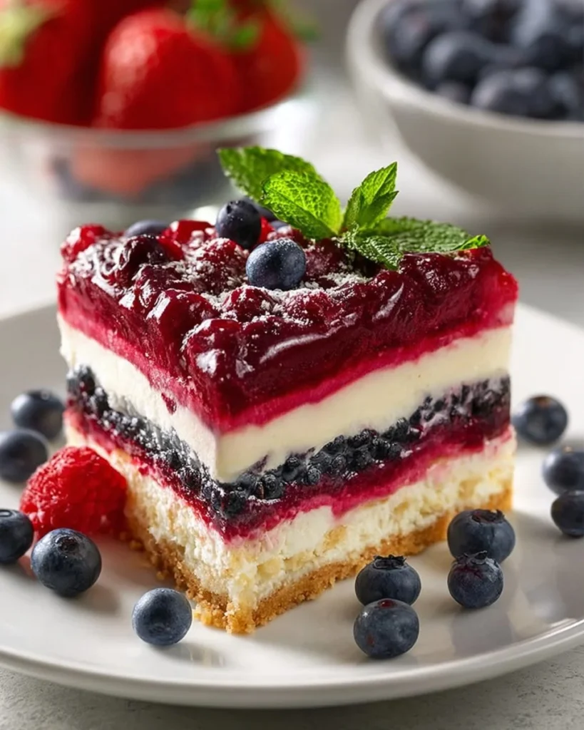 Delicious no bake berry cheesecake lasagna layered with fresh berries and creamy cheesecake