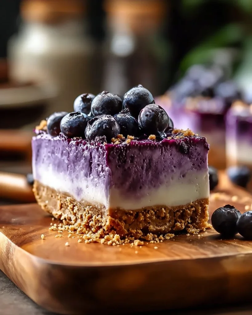Delicious no-bake blueberry cheesecake topped with fresh blueberries