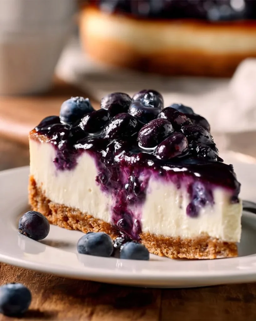 Delicious no bake blueberry cheesecake topped with fresh blueberries.
