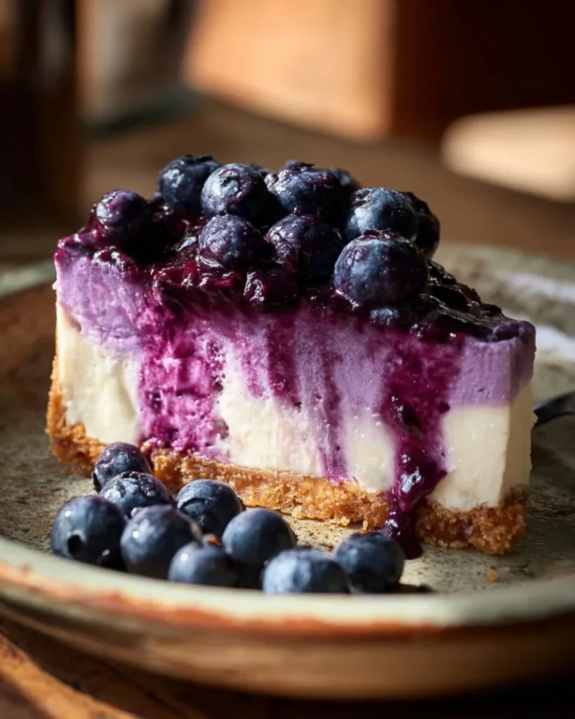 No-bake blueberry cheesecake topped with fresh blueberries
