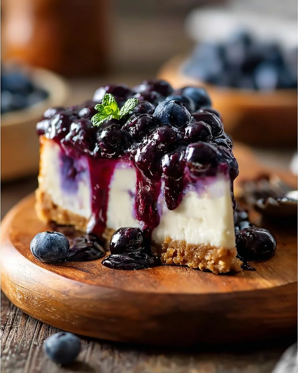 Delicious no-bake blueberry cheesecake topped with fresh berries